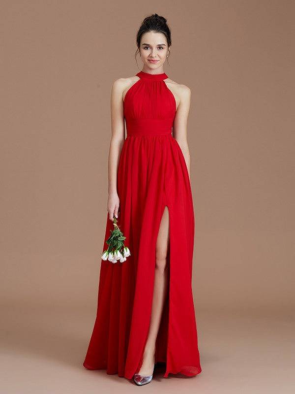 Wholesale A-Line/Princess Halter Sleeveless Ruched Floor-Length Chiffon Bridesmaid Dresses